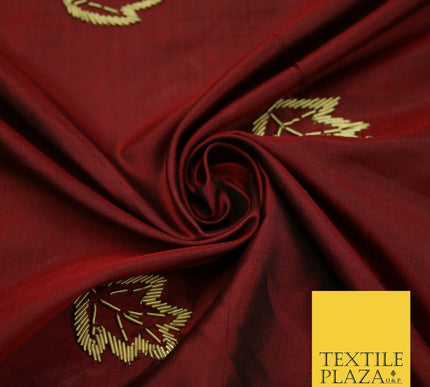 Maroon Red 100% Pure 2-Tone Silk Gold Zardozi Leaf Embroidery Indian Fabric 2522