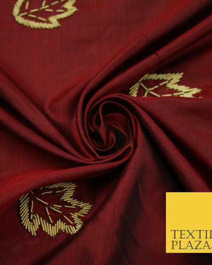 Maroon Red 100% Pure 2-Tone Silk Gold Zardozi Leaf Embroidery Indian Fabric 2522