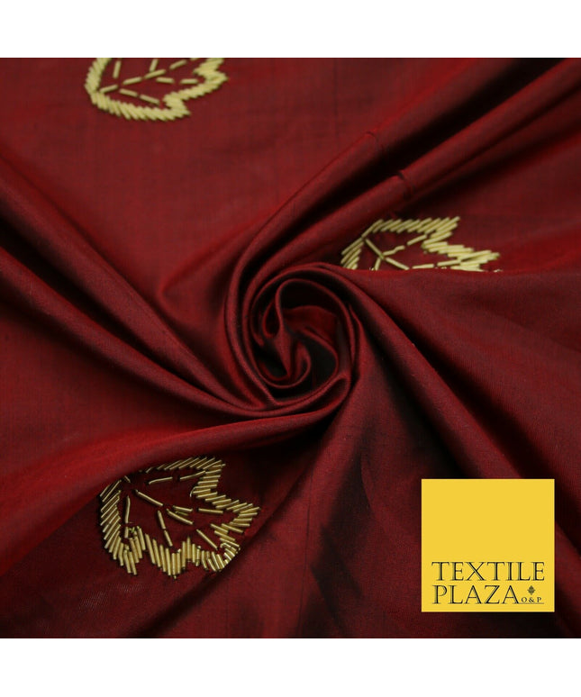 Maroon Red 100% Pure 2-Tone Silk Gold Zardozi Leaf Embroidery Indian Fabric 2522