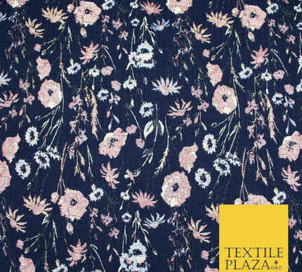 Navy Blue Floral Lurex Metallic Brocade Jacquard Strong Dress Fabric 1885