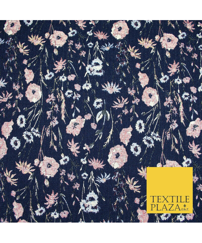 Navy Blue Floral Lurex Metallic Brocade Jacquard Strong Dress Fabric 1885