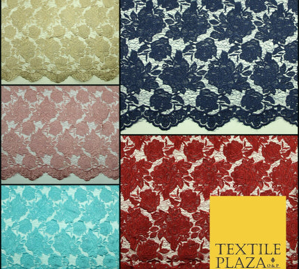 Ornate Floral Rose Scalloped Embroidered Webbed Net Lace Dress Fabric Wedding