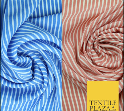 Denim Blue White Dusty Pink Striped Pinstripe Lines Polyester Crepe Dress Fabric