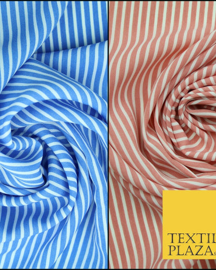 Denim Blue White Dusty Pink Striped Pinstripe Lines Polyester Crepe Dress Fabric