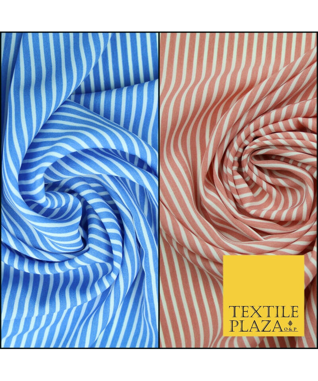 Denim Blue White Dusty Pink Striped Pinstripe Lines Polyester Crepe Dress Fabric
