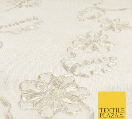IVORY CREAM GOLD Floral Metallic Ribbon Sponge Net Fabric Scuba Craft Mesh 1475