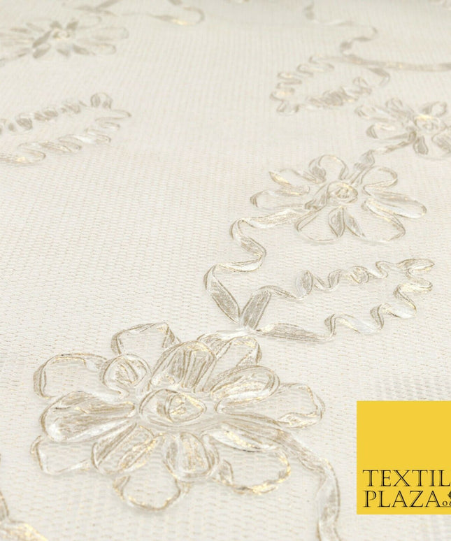 IVORY CREAM GOLD Floral Metallic Ribbon Sponge Net Fabric Scuba Craft Mesh 1475