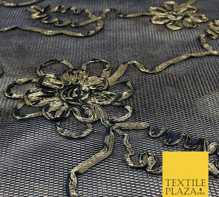 NAVY BLUE GOLD Floral Metallic Ribbon Sponge Net Fabric Scuba Craft Mesh 1474