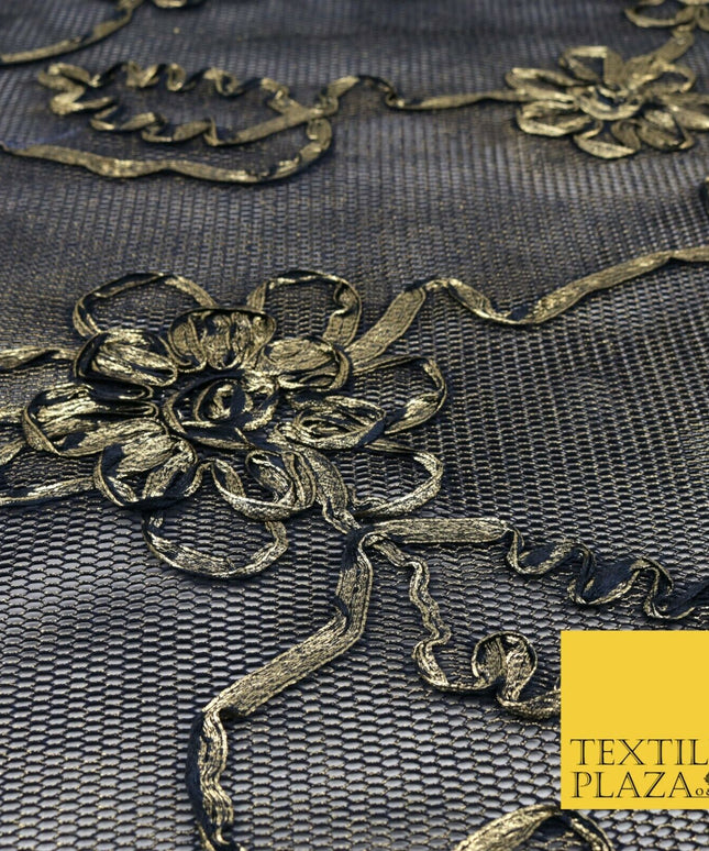 NAVY BLUE GOLD Floral Metallic Ribbon Sponge Net Fabric Scuba Craft Mesh 1474