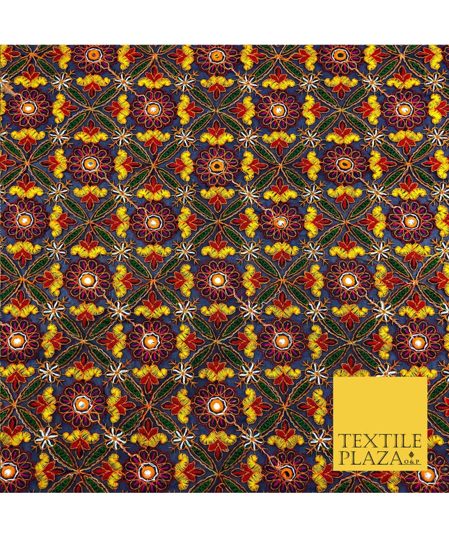 Navy Phulkari Georgette Fancy Colourful Threadwork Diamond Pattern Dress JE314