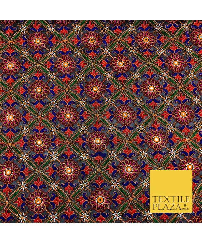 Black Phulkari Georgette Fancy Colourful Threadwork Diamond Pattern Dress JE313