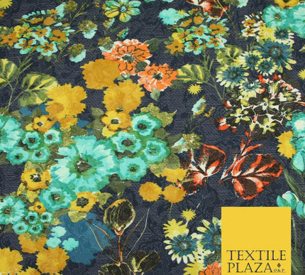 Luxury Navy Blue Flower Garden Stretch Floral Jacquard Dress Fabric 1879