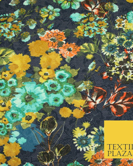Luxury Navy Blue Flower Garden Stretch Floral Jacquard Dress Fabric 1879
