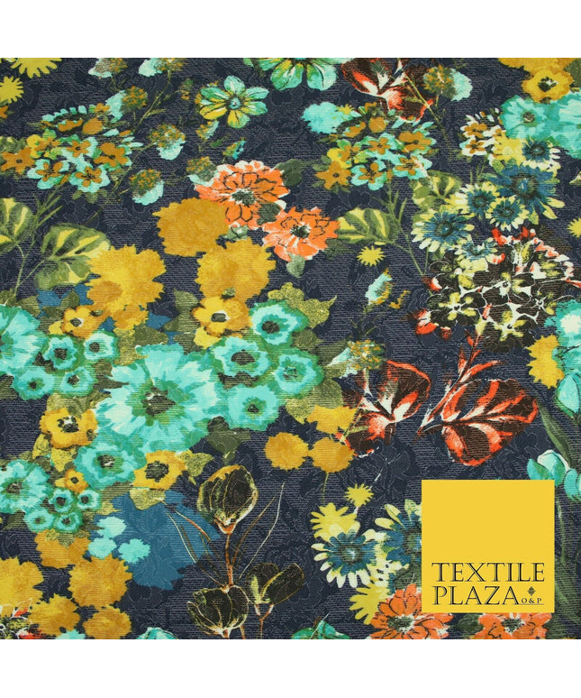 Luxury Navy Blue Flower Garden Stretch Floral Jacquard Dress Fabric 1879