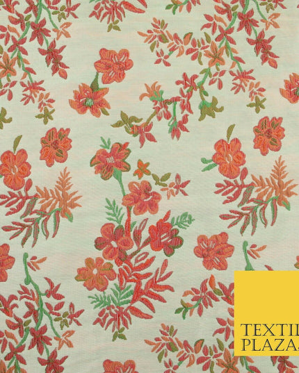 Cream Pink Floral Botanic Embossed Textured Brocade Jacquard Dress Fabric 1878