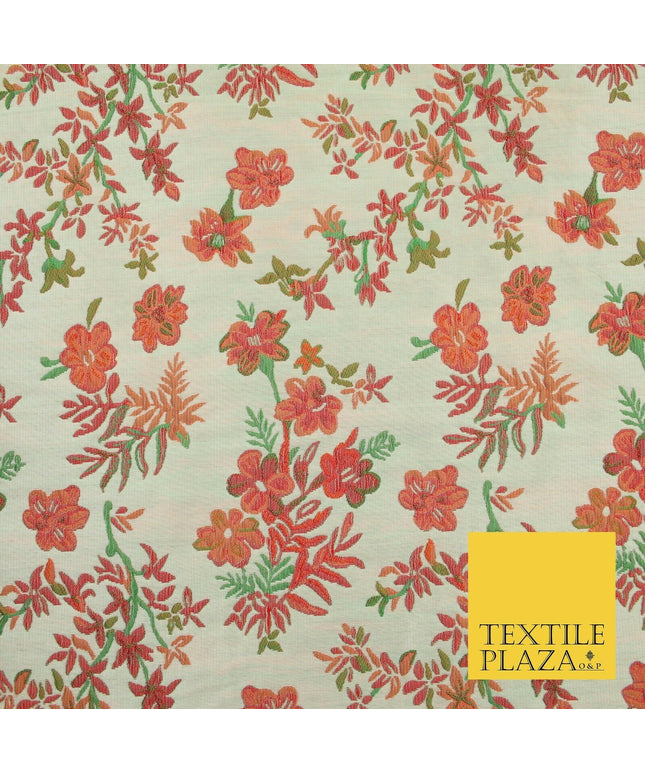 Cream Pink Floral Botanic Embossed Textured Brocade Jacquard Dress Fabric 1878