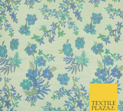 Cream Blue Floral Botanic Embossed Textured Brocade Jacquard Dress Fabric 1877
