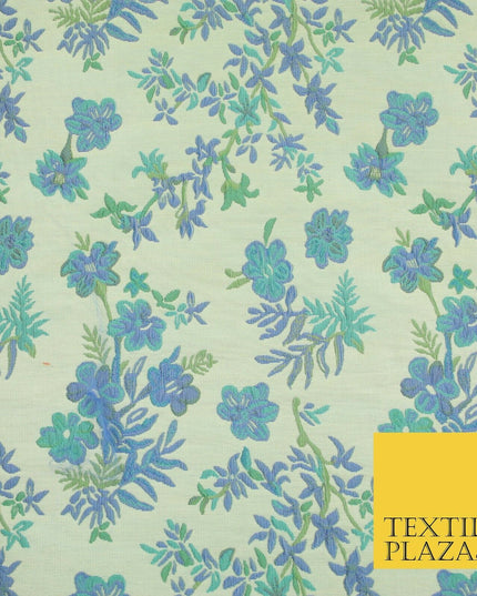 Cream Blue Floral Botanic Embossed Textured Brocade Jacquard Dress Fabric 1877