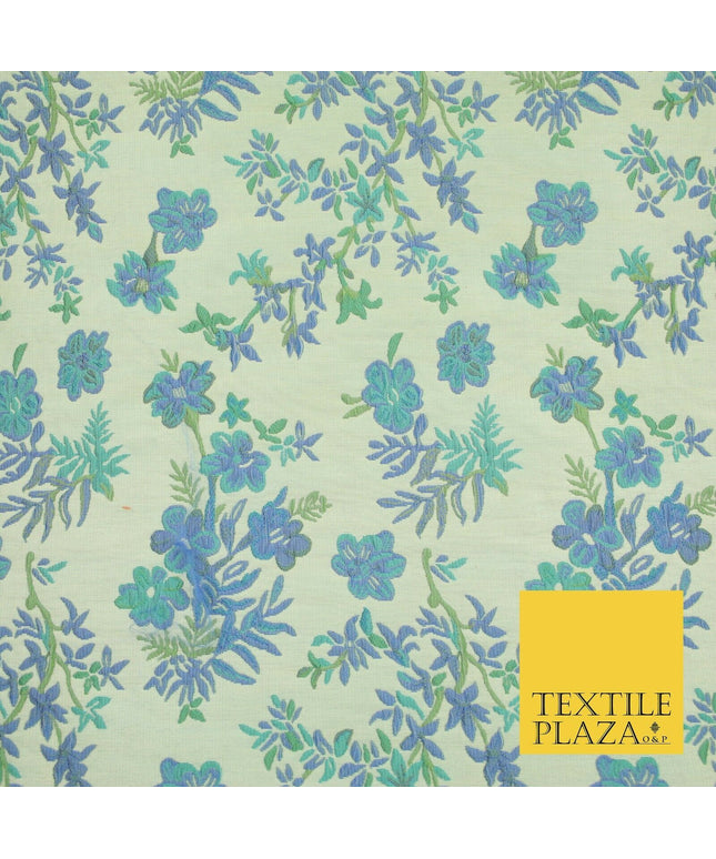 Cream Blue Floral Botanic Embossed Textured Brocade Jacquard Dress Fabric 1877