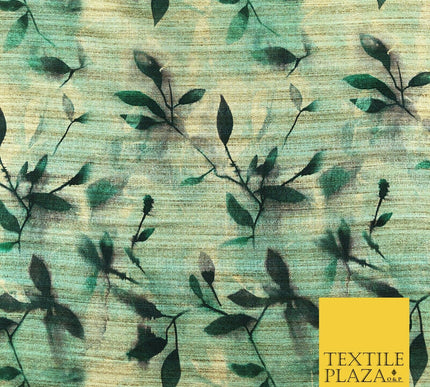 GREEN Shaded Floral Leaves Digital Print Faux Raw Silk Fabric Dress Craft 1466