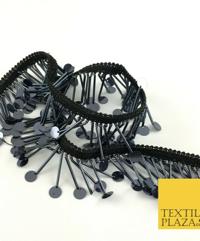 Graphite Sequin Glass Tube Fringe Tassel Drop Trim Ribbon Border Lace (X176)