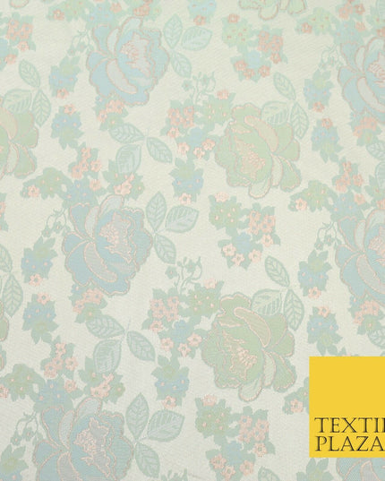 Light Mint Premium Floral Carnation Satin Brocade Jacquard Dress Fabric 1698