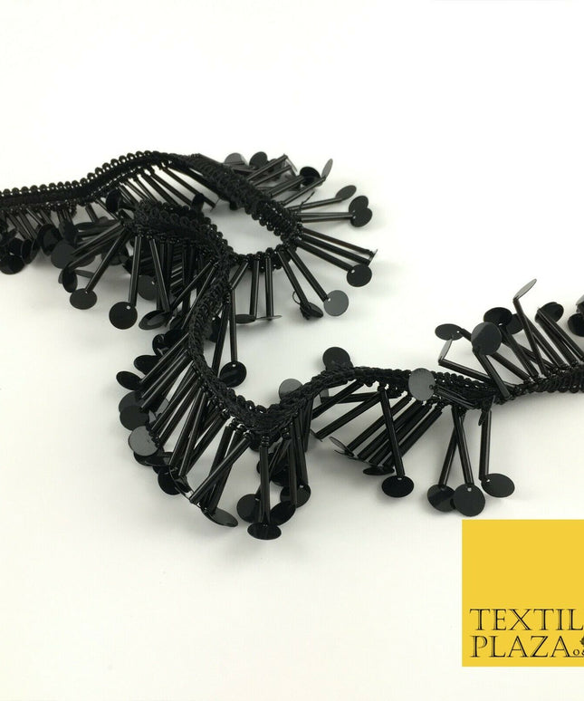 Black Sequin Glass Tube Fringe Tassel Drop Trim Ribbon Border Dance Lace (X179)