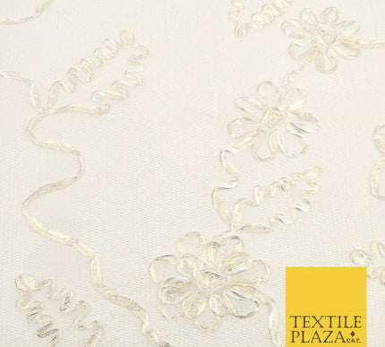 IVORY CREAM GOLD Floral Metallic Ribbon Sponge Net Fabric Scuba Craft Mesh 1475