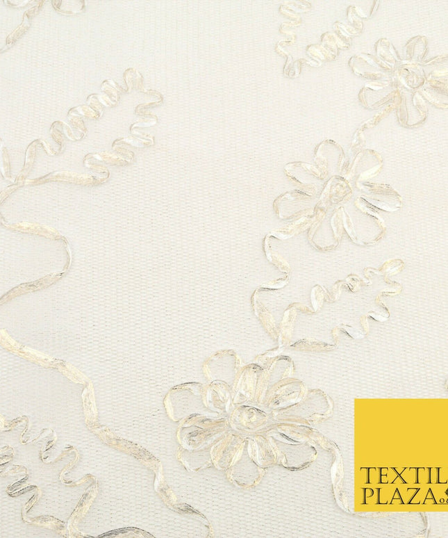 IVORY CREAM GOLD Floral Metallic Ribbon Sponge Net Fabric Scuba Craft Mesh 1475