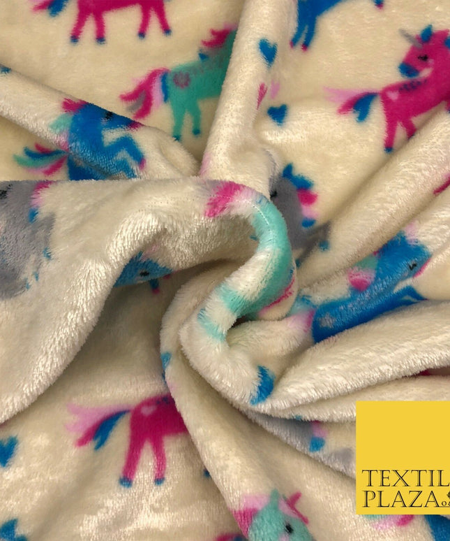 CREAM Unicorns SUPER SOFT Printed Cuddle Fleece Fabric Baby Blankets Craft R1053