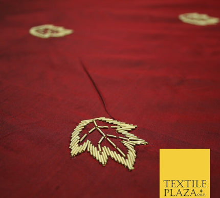 Maroon Red 100% Pure 2-Tone Silk Gold Zardozi Leaf Embroidery Indian Fabric 2522