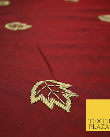 Maroon Red 100% Pure 2-Tone Silk Gold Zardozi Leaf Embroidery Indian Fabric 2522