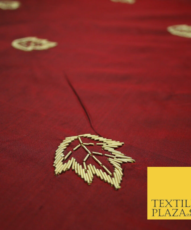 Maroon Red 100% Pure 2-Tone Silk Gold Zardozi Leaf Embroidery Indian Fabric 2522