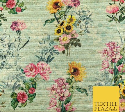 MINT GREEN Sunflower Mix Digital Print Faux Raw Silk Fabric Dress Craft 1467
