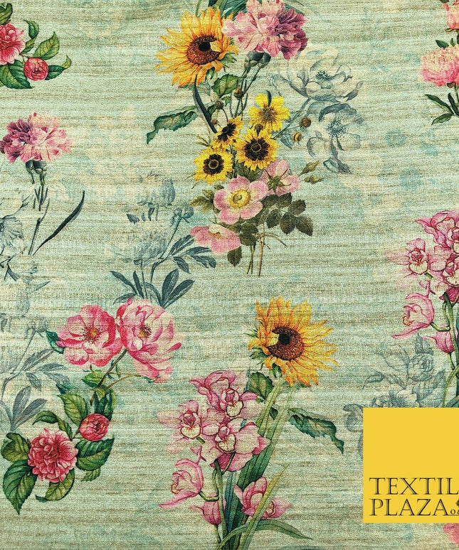 MINT GREEN Sunflower Mix Digital Print Faux Raw Silk Fabric Dress Craft 1467