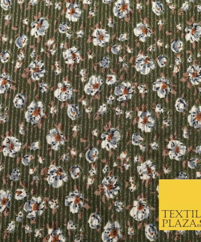 GREEN GREY Floral Ribbed Sparkle Stripe Dress Fabric Skirts 59" 1481