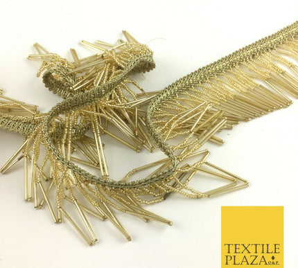 Gold Beaded Glass Tube Fringe Tassel Drop Trim Ribbon Border Dance Lace (X161)