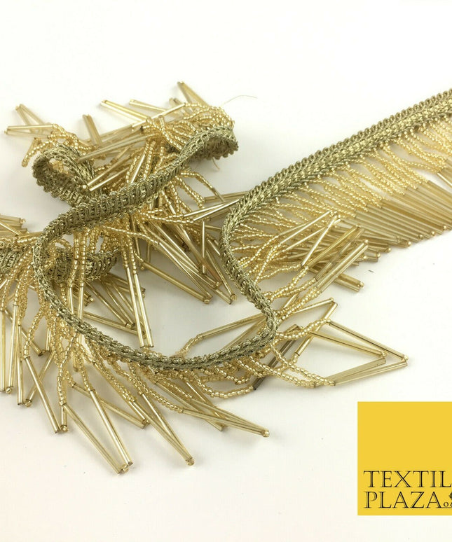Gold Beaded Glass Tube Fringe Tassel Drop Trim Ribbon Border Dance Lace (X161)