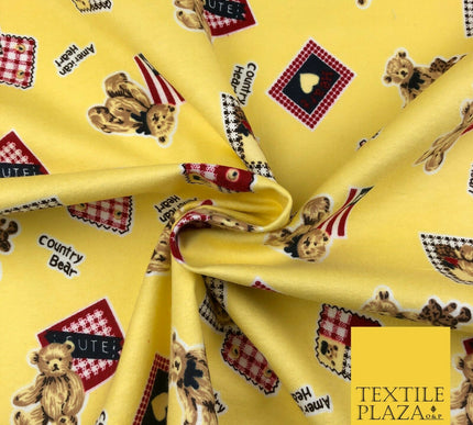 Lemon American Country Bear Patch Soft Brushed Cotton Print Fabric Kids 1378