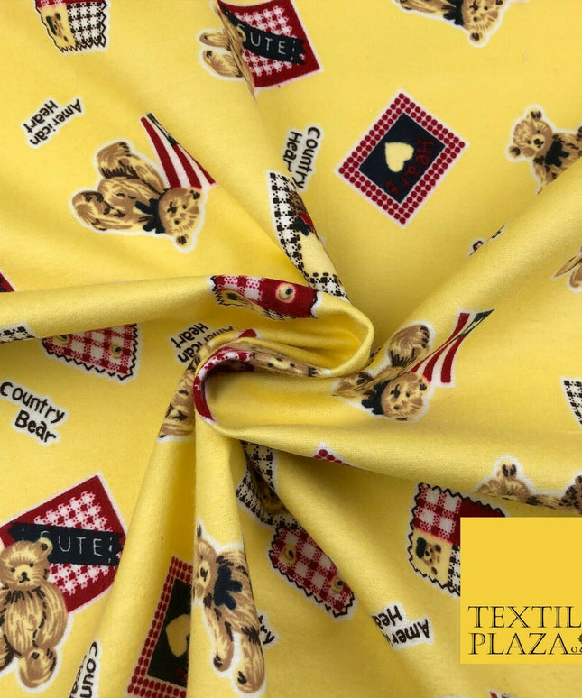 Lemon American Country Bear Patch Soft Brushed Cotton Print Fabric Kids 1378