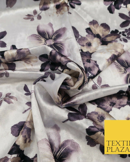 White Floral Blossom Printed Soft Velvet Dress Fabric Stretch Craft 1690