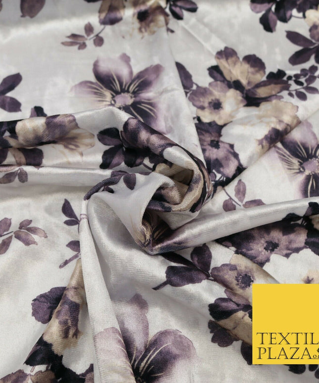 White Floral Blossom Printed Soft Velvet Dress Fabric Stretch Craft 1690