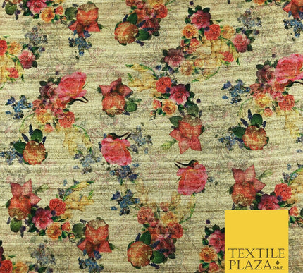 LIGHT GOLD Coloured Floral Digital Print Faux Raw Silk Fabric - Dress Craft 1462