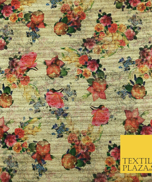 LIGHT GOLD Coloured Floral Digital Print Faux Raw Silk Fabric - Dress Craft 1462