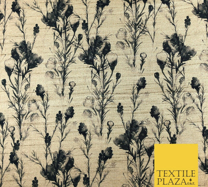 STONE BLACK Watercolour Floral Digital Print Faux Raw Silk Fabric DressCraft1464
