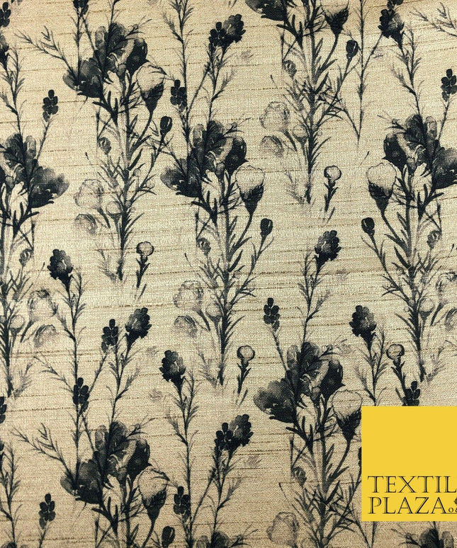 STONE BLACK Watercolour Floral Digital Print Faux Raw Silk Fabric DressCraft1464