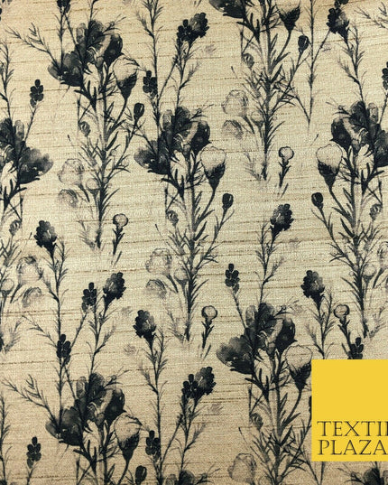STONE BLACK Watercolour Floral Digital Print Faux Raw Silk Fabric DressCraft1464