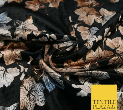 Black Oriental Leaves Printed Soft Velvet Dress Fabric Stretch Craft 1685