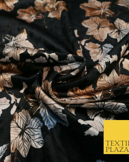Black Oriental Leaves Printed Soft Velvet Dress Fabric Stretch Craft 1685