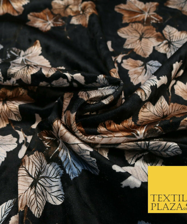 Black Oriental Leaves Printed Soft Velvet Dress Fabric Stretch Craft 1685
